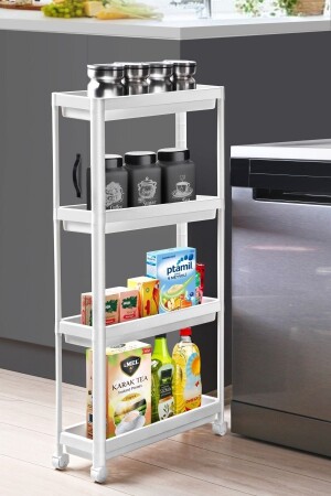 Rechteckiges Regal mit 4 Ebenen und Rollen, weiß, für Badezimmer, Küche, Organizer, Regal - Omaş Household Product
