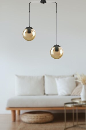 Recoba Modern Metal Case Honey Glass Living Room - Kitchen - Bedroom 2-Piece Chandelier MAR0012 - Fer Avize