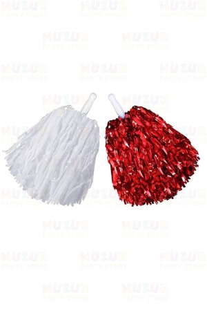 Red and White Colored 2-Piece 23 April Pompom Cheerleading Performance School Pompom Shiny Metallic Color Ornament with Handle - Huzur Party Store