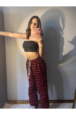 Red Black Square Plaid Patterned Comfortable Unisex Oversize Sweatpants Pajamas - Violon