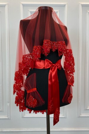 Red Bridal Veil Set - Glass Bead and Sequin Printed Henna Veil Set 6 Pieces - Zeymerade