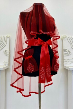 Red Bridal Veil Set - Glass Bead and Sequin Printed Henna Veil Set 6 Pieces - Zeymerade