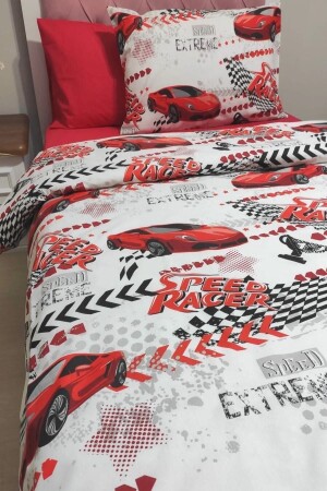 Red Car Patterned Single Duvet Cover Set with Elastic Sheets (2 PILLOWS) SmgCntr108 - mihriban