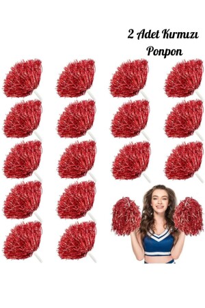 Red Colored 2-Piece 23 April Pompom Cheerleading Performance School Pompom Shiny Metallic Color Ornament with Handle - Janissary