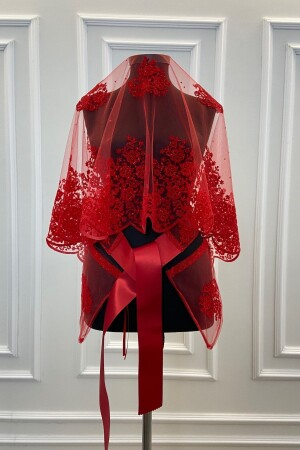 Red Double Patterned Flock Print Glitter Bridal Veil Sash Glove Set - Zeymerade