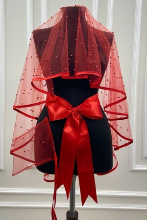 Red Piping and Plenty of Pearls Bridal Veil Set - Zeymerade