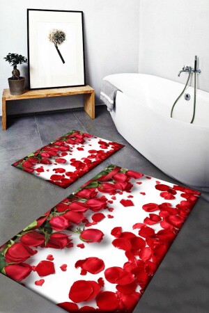 Red Roses Patterned Washable Non-Slip Base 2-Piece Bathroom Rug Mat and Toilet Seat Set Ossoozelbanyo8 - 3D ELSE HALI