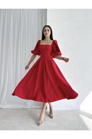 Red Square Neck Pleated Midi Dress - Afiş Butik