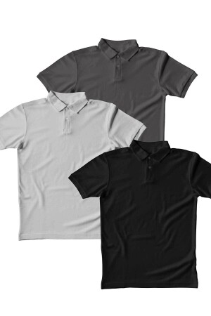 Grau/geräuchert/schwarzes, strukturiertes Piqué-T-Shirt mit Polokragen in normaler Passform - Efraim Giyim