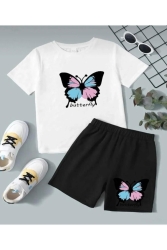 Renkli Kelebek Butterfly Baskılı Kız-Erkek Çocuk Şort T-Shirt Takım kkelebek1 - Renna Mood