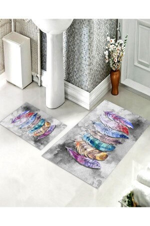 مجموعة سجاد حمام ذات أسلوب ريش ملون من MNZ (60x100/40x60) - Cp1096 CP1096-BNY - CAPPİO HALI