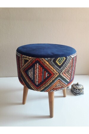 Retro Hornbeam Wooden Leg Decorative Ethnic Top Navy Blue Patterned Cylinder Pouf Bench Armchair - Albatros