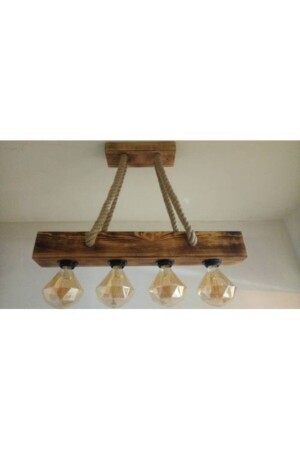 Retro Log Wood Chandelier Lighting 4 Lamps Rope Chandelier ALS38 - AHŞAP ATÖLYE