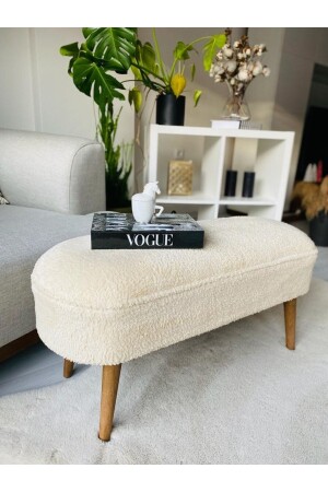 Retro Walnut Color Wooden Leg Oval Bench Pouffe with Large Seating Area Cream Teddy Fabric - Webpanya