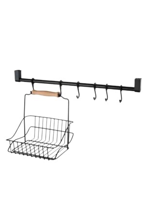 Retro Wrought Iron Hanger Organizer Kitchen Basket with Black Wooden Handle - Narnuga