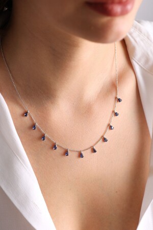 Rhodium Plated Silver Necklace with Dark Blue Drop Zircon Stones Zunde101569 - Zundesilver
