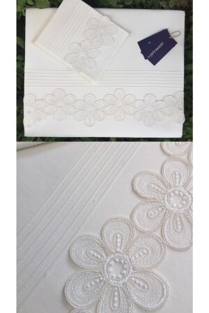 Ribbed Dowry Flowers Cream Double Duvet Cover Set ĞİŞ6565 - Çeyiz Bahçesi