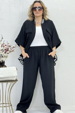RIBBED POCKET ZIPPER CLOSURE THREE-QUARTE SLEEVE PLUS SIZE AEROBIN FABRIC DOUBLE SUIT - Yagmurberen