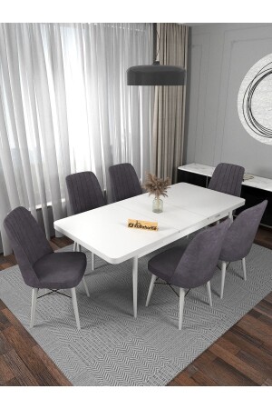 Riff Aytaşı 80x130 Cm Extendable Dining Table - 6-Person Table Chair Set - Gray - Kaffahome