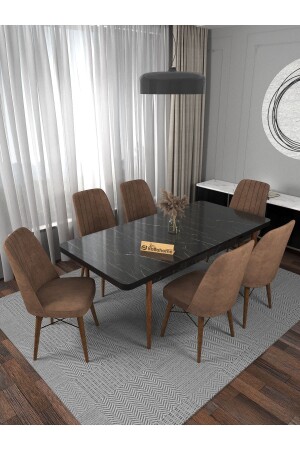 Riff Black 80x130 Cm Extendable Dining Table for 6 Persons, Dining Table Set - Brown SYMYM002 - Kaffahome
