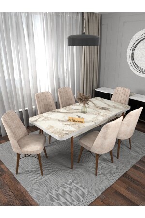 Riff Efes 80x130 Cm Açılır Yemek Masası - 6 Kişilik Masa Sandalye Takımı - Krem - Kaffahome