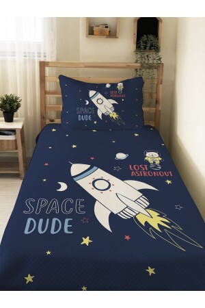 Rocket Patterned Space Themed Baby and Children Printed Single Pique Set 160x230 Navy Blue - Evmila