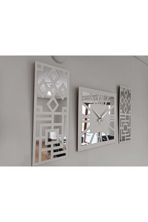 Roman Numeral Modern & Stylish Design White MDF Silver Color Mirrored Plexi Wall Clock Set of 3 - Palm Decor