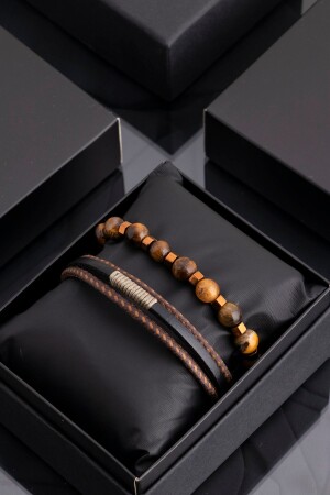 Rope Detailed Black Brown Genuine Leather and Tiger Eye Natural Stone Men's Combination Bracelet Set 019 SRT476-019 - Sortie Aksesuar