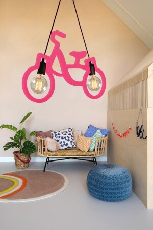 Rosa Fahrrad-Pendelleuchte aus Holz, Kronleuchter aus Holz, luxuriös, rustikal, modern, dekorativ, für Mädchenzimmer, Kronleuchter PMBBİS001 - UTKU TASARIM