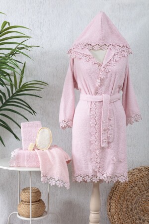 Rosa Laced Lace Damen-Bademantel-Set, 6-teiliges Bademantel-Set, rosa, 100 % Baumwolle, Mitgift-Set - Tinimini Home