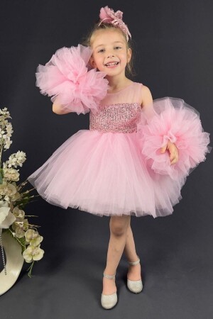 Rosafarbenes, detailliertes Kinder-Abendkleid mit Paillettenärmeln - Abiyekids