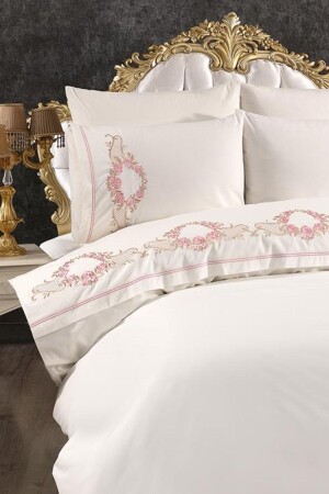 Rose Embroidered 100% Cotton 6 Piece Duvet Cover Set Cream CD442501 - Çeyiz Diyarı