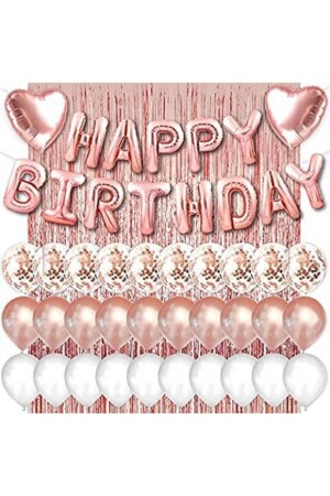 Rose Gold Pink Happy Birthday and Heart Foil and 30 Rose White Transparent Balloon Background Curtain Set tye1503220551 - Parti Dolabı