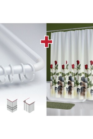 Rose Pattern Bath Curtain with Hanger Gift 180x200cm Single Wing White Red Shower Curtain - L Pipe with Gift - Tropikhome
