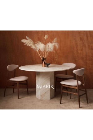 Round Hexagon Leg Travertine Marble Dining Table - Miarik Design & Dekorasyon
