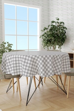 Round Lined PVC Oilcloth Kitchen Tablecloth Stain Resistant Erasable Plaid Checked - Örtücüm
