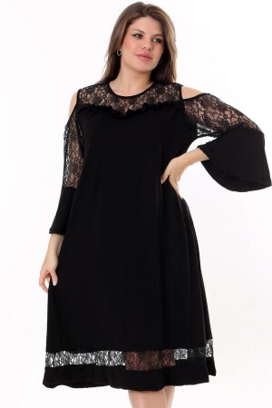 Round Neck Chest Skirt and Sleeve Lace Detail Long Flounce Sleeve Shoulder Window Flexible Midi Length Dress - Kheos