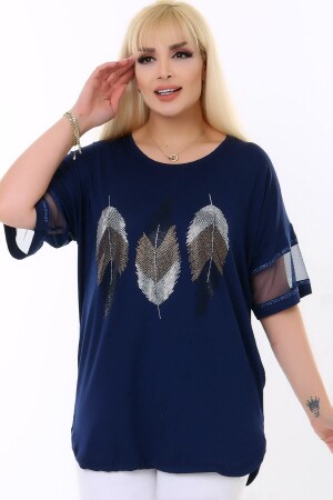 Round Neck Tulle Striped Short Sleeve Leaf Pattern Stone Printed Comfortable Lycra Flexible Plus Size Blouse - Kheos
