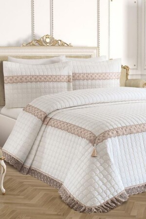 Roza Double Quilted Bedspread Cream Beige - Çeyiz Diyarı