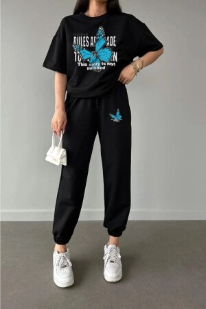 Rules Butterfly T-Shirt Sweatpants - Black Jogger T-Shirt Bottom Top Tracksuit Set Crew Neck - Modarich