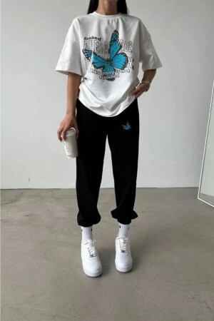 Rules Kelebek Beyaz T-Shirt Siyah Eşofman Altı - Jogger Tişört Alt Üst Eşofman Takımı Bisiklet Yaka - Modarich