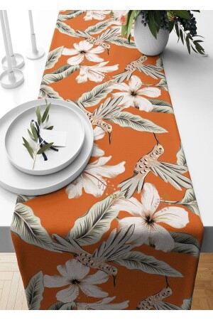 Runner Hibiskus Desenli Süet Dokuma 140*40 Cm - Pilloveland