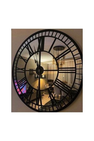 Rustic Style Decorative Stylish Wall Clock Silver - Black Engraved 50 Cm Rstkrm50syhgms - EYKA STORE