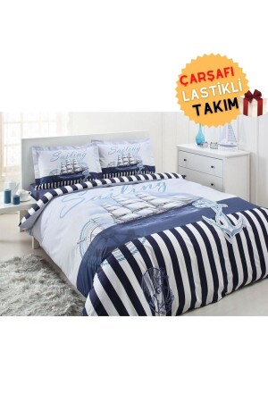 Sailing Voyage Single Duvet Cover Set with Elastic Sheets Navy Blue özdilektk7024 - Özdilek