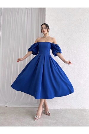 Saks Blue Square Neck Pleated Midi Dress - Afiş Butik