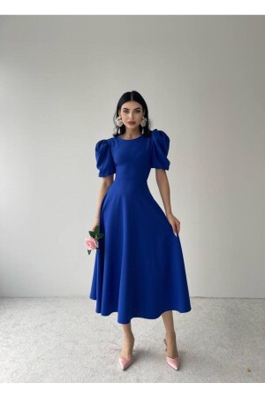 Saks Blue Watermelon Sleeve Midi Dress - Afiş Butik