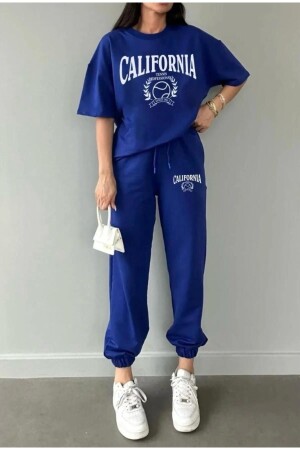saks mavisi california baskılı kadın eşofman takımı t-shirt-jogger - Trendgar