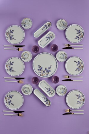 Sakura Flower Lila Luxuriöses 21-teiliges Frühstücksset aus Keramik für 6 Personen – Frühstücksset - Erbaşlar