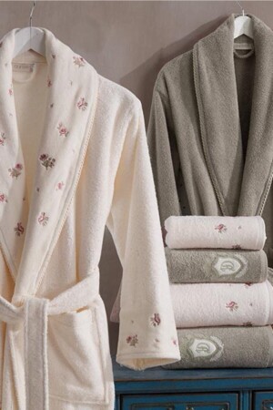 Samt-Baumwoll-Bademantel-Set, 6-teilig, Vanessa, Creme – Beige - Dantela