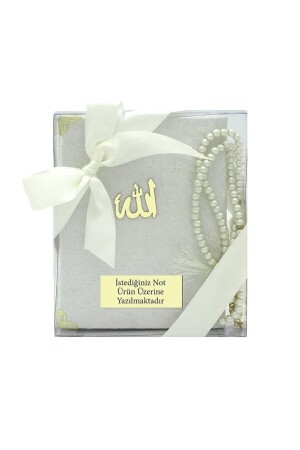 Samt-Buch der Yasin-Perlen-Gebetsperlen – Acetat-Box, 17 x 15 cm, Geschenkset, cremefarben - Kuransepeti